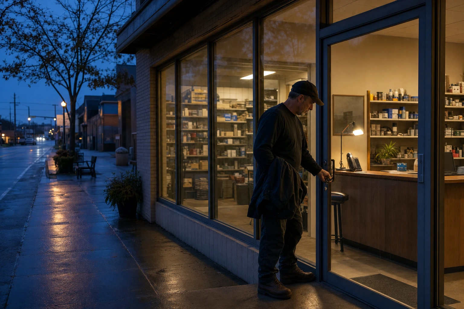 Local business owner locking the shop while the reception desk remains lit