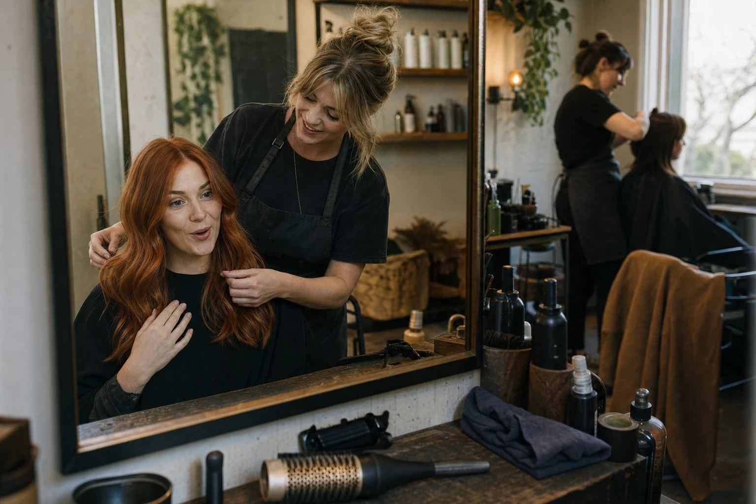 Salon customer seeing her finished copper hair colour with her stylist