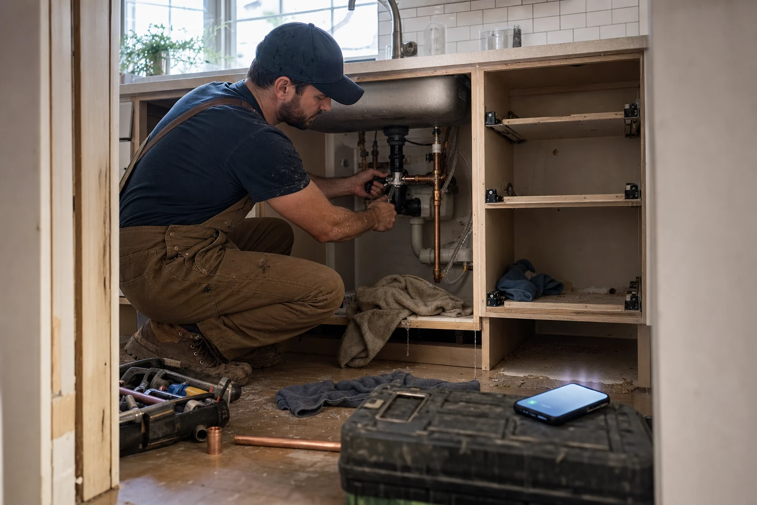 Plumber working beneath a kitchen sink while a phone rings out of reach