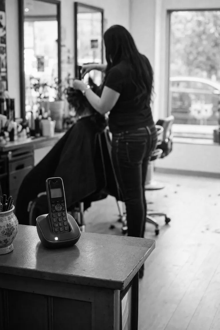 A cordless phone ringing on a salon reception counter while a stylist works in the background.